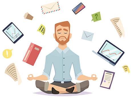 Person meditating, surrounded by objects in their day-to-day life. A person in charge of their stress and balancing their life
